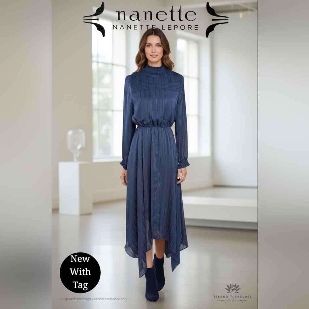 NWT Nanette Lepore Size 2 Navy Blue Asymmetrical Dress High Neck Clinched Waist - Picture 1 of 14